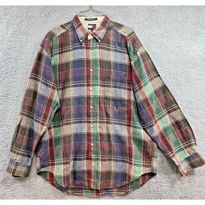 Tommy Hilfiger Shirt Large Button-Down Men's Purple Blue‎ Green Red Plaid